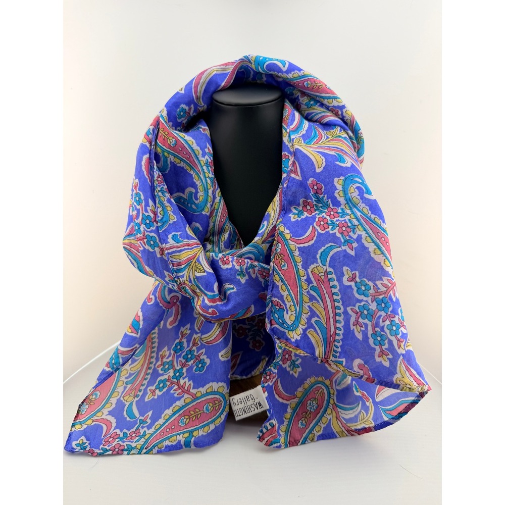 Vintage Washington Gallery Silk Scarf Paisley Floral Blue Pink Preppy Luxury